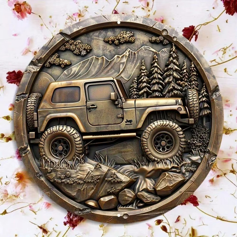 Rundes Jeep Metall-Wandschild in Braun im rustikalen Design - Bild 2