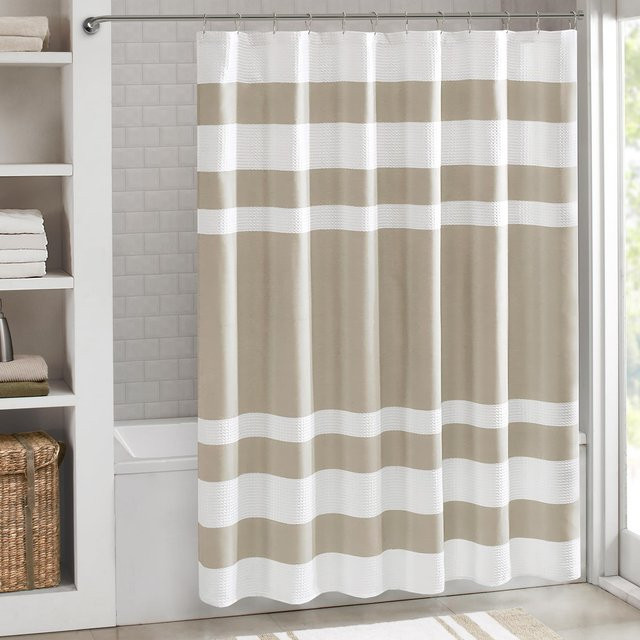 VIKAMA Duschvorhang-Set mit geometrischem Streifenmuster in Beige, Textil, Höhe: 180 cm, Breite: 90 cm - Bild 1