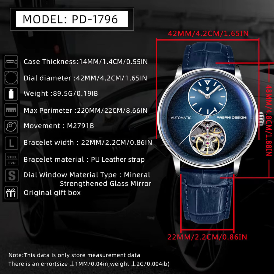 Pagani Design Armbanduhr, Automatik, Edelstahl, Leder, Blau, Herren - Bild 5