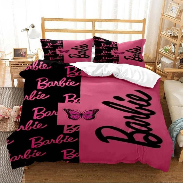 Barbie Bettwäsche-Set mit Cartoon Anime Motiv in Pink, 3-teiliges Set aus Steppdeckenbezug und Kissenbezügen aus Mikrofaser, B/T: 245 x 210 cm - Bild 1