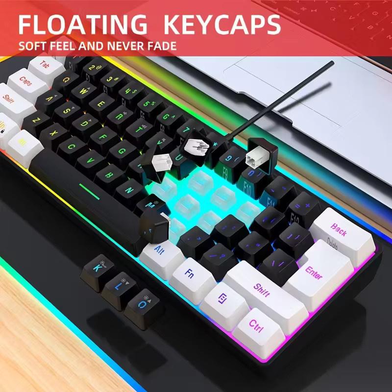 HXSJ Mini-Tastatur- und Mausset mit 61 Tasten, 60 % Layout, USB-Anschluss, zweifarbige spritgegossene Tastenkappen und farbige optische Maus mit Hintergrundbeleuchtung, Schwarz/Mehrfarbig - Bild 4