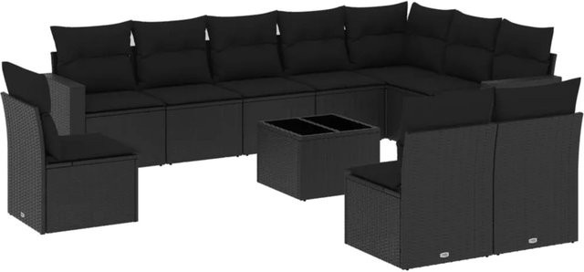 vidaXL 11-tlg Garten-Sofagarnitur aus Poly-Rattan mit Kissen und Glastisch in Schwarz - Bild 1