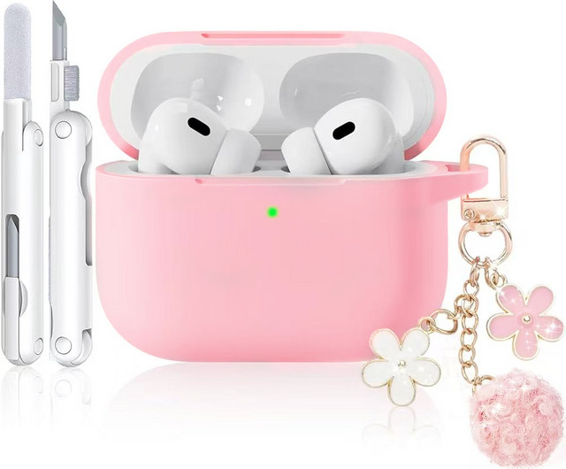 Silikonhülle für Apple AirPods Pro 1, 2 und 3 inklusive Schlüsselanhänger und Reinigungsset in Schwarz oder Pink - Bild 1