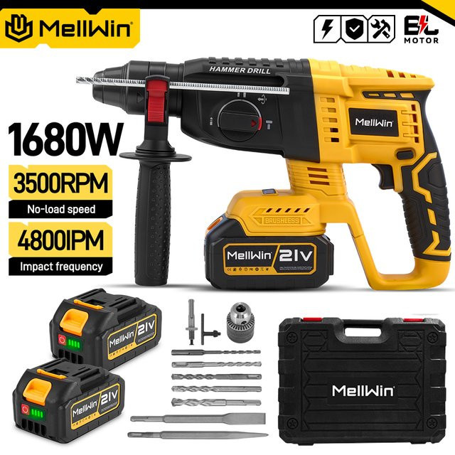 MELLWIN Bürstenloser Akku-Bohrhammer mit 4 Modi, 26 mm, Gelb, kompatibel mit Makita 18V LXT Akkus - Bild 1
