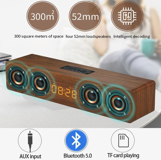NEIMZ Wiederaufladbarer Wecker aus Holz mit Bluetooth-Soundbar, Subwoofer und UKW-Radio in Braun - Bild 1
