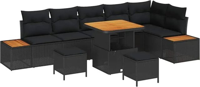 vidaXL 9-teiliges Garten-Sofa-Set in Schwarz aus Poly Rattan und Akazie mit UV-beständigen Kissen - Bild 1
