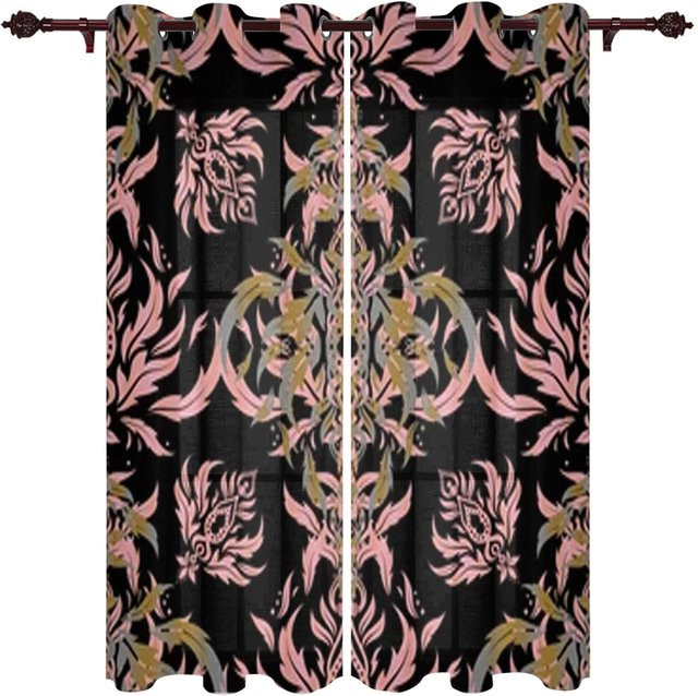 Super Six Barocke Fenstervorhänge mit goldenem Blumenmuster, semi-transparent, Schwarz-Gold, Breite: 135 cm, Höhe: 185 cm - Bild 1
