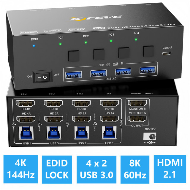 KCEVE 8K KVM-Switch HDMI mit 4 Ports für 4 PCs, USB 3.0, Dual Monitor Unterstützung mit EDID-Emulator, Schwarz - Bild 1