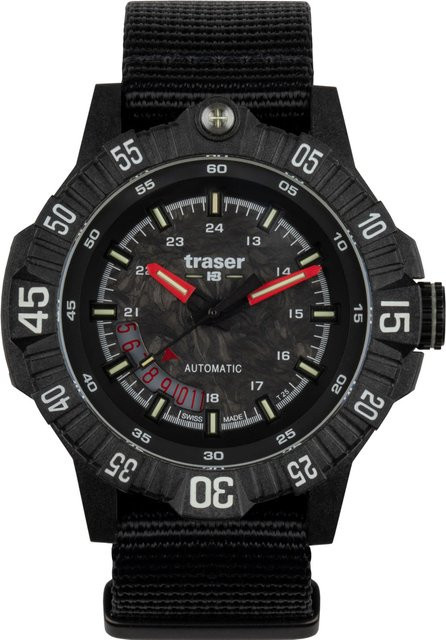 Traser Herrenuhr Automatik, Edelstahl, 46 mm, Textil/NATO, Schwarz, 20 ATM - Bild 1