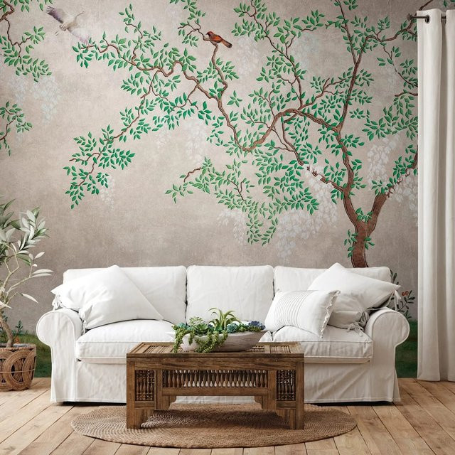 PROFHOME Fototapete Vogelmuster in Grau Grün Beige Weiß, Mural mit Naturmotiv, B: 3,71 m x H: 2,80 m - Bild 1