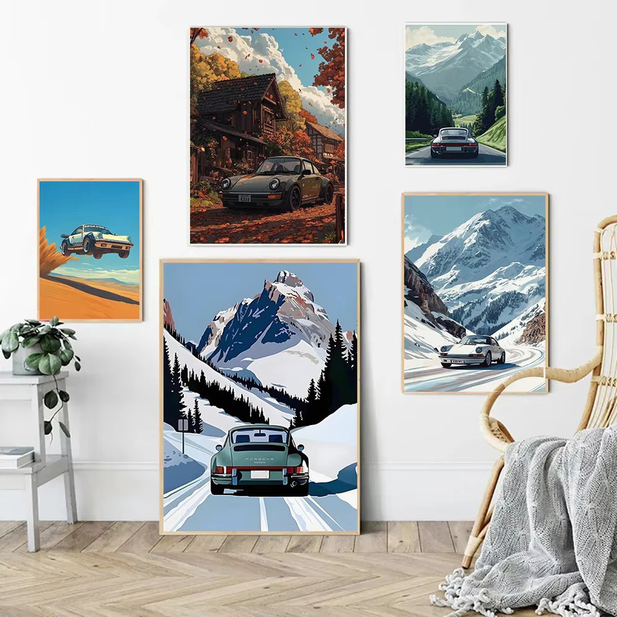Potdemiel Alpine Drive Poster Vintage Alpine Tour Cartoon Leinwandgemälde Wandkunst Mehrfarbig - Bild 2