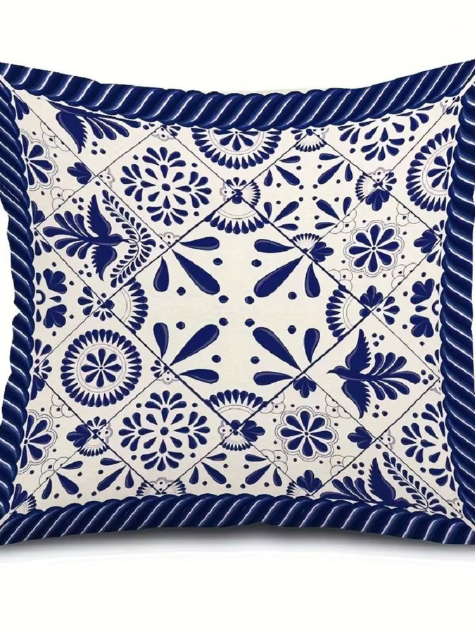 VIKAMA Kissenbezug im Porzellan-Stil, Blau und Weiß, Skandinavischer Stil, quadratisch, 30 x 30 cm - Bild 3