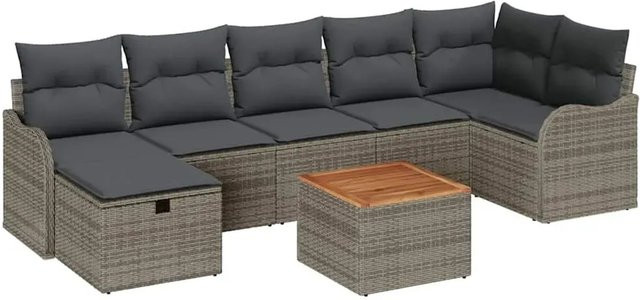 vidaXL Garten-Sofa-Set aus Poly-Rattan in Grau, 8-teiliges Outdoor-Lounge-Set mit Kissen, Eckelement, Ottoman und Couchtisch inklusive Kissen-Stauraum - Bild 1