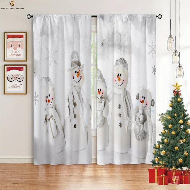 Dekorative Weihnachtsbaum und Schneeflocken Vorhänge mit Cartoon-Druck in Weiß, 2er-Set, B: 50 cm, H: 130 cm - Bild 1