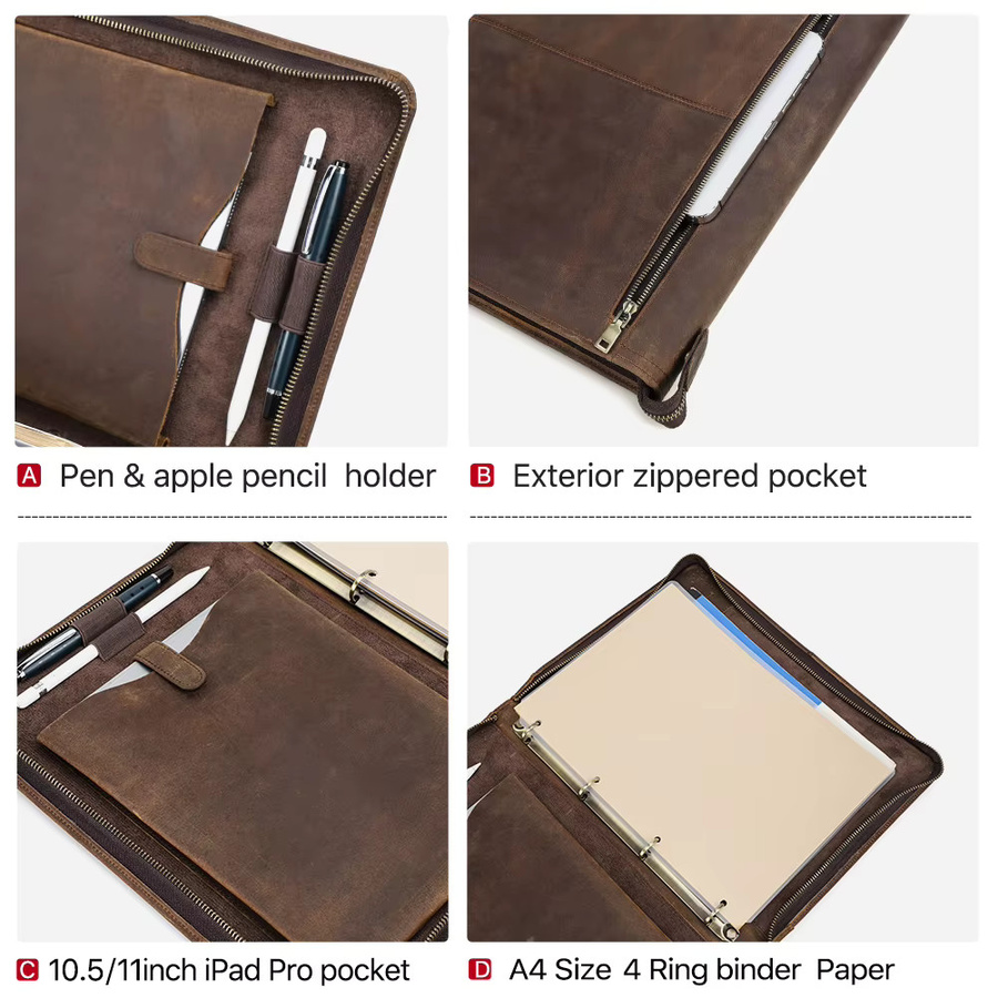 Retro Rindsleder A4 Ringbuch Ordner und iPad Portfolio CONTACTS FAMILY in Braun für iPad Pro 11 und iPad Air 4/5 - Bild 4