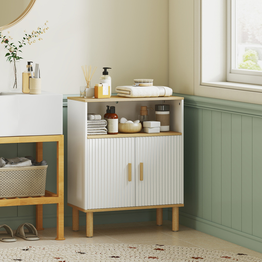 HOMCOM Badezimmerschrank im skandinavischen Design mit 2 Türen und offenem Fach, Farbe: Weiß und Naturholz, B/T/H: 60 x 29,5 x 76,5 cm - Bild 2