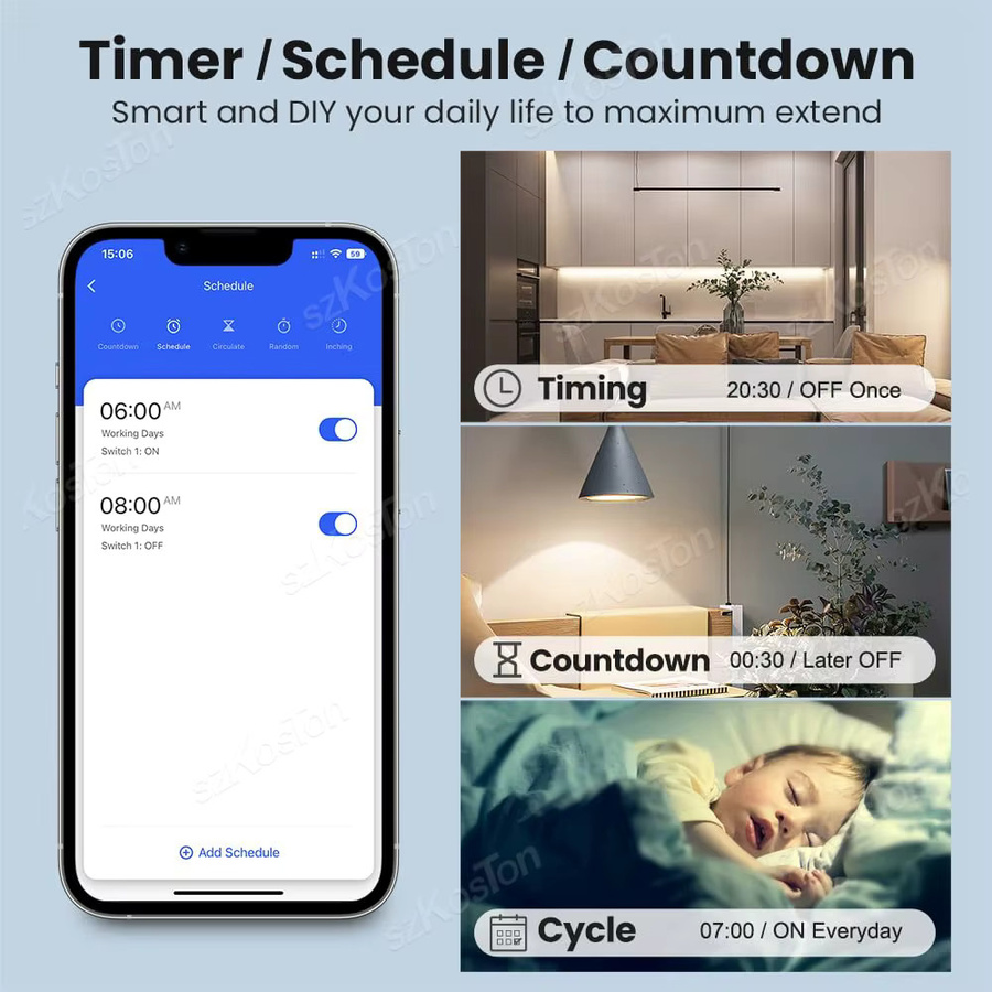 SZKOSTON 2-Kanäle WiFi Smart Switch mit Tuya und Smart Life App, 16A DIY Breaker Relais Lichtschalter in Weiß, kompatibel mit Alexa und Google Assistant - Bild 3