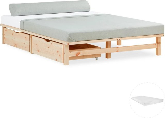 Homestyle4u Palettenbett aus Kiefernholz mit Matratze und 2 Bettkästen in Natur, B/T: 140 x 200 cm - Bild 1