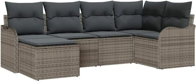 vidaXL Garten-Sofa-Set aus Polyrattan in Grau mit Kissen und Fußhocker, 6-teiliges L-Shape Lounge-Set mit Metallrahmen - Bild 1