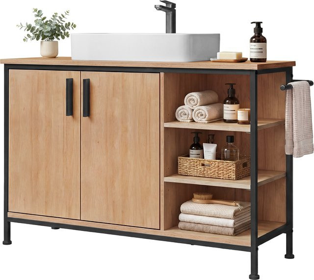 EUGAD Badezimmerschrank als freistehender Waschtischunterschrank in Eiche-Optik mit Handtuchhalter, 2 Türen und 3 offenen Fächern mit verstellbaren Regalen, B/T/H: 90 x 30 x 60 cm - Bild 1