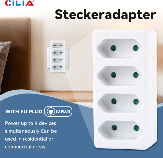 CILIA Europe EU-Stromverlängerungssteckdose mit Schalter und 3 Schuko-Steckdosen in Weiß, 3680W, CE-zertifiziert - Bild 1