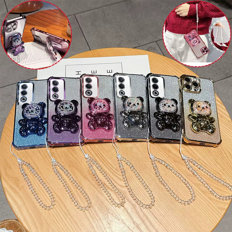 Stoßfeste Handyhülle für Oppo A3 Pro A3Pro A80 K12X 5G mit 3D-Bärenständer, Glitzer und Kristallketten-Lanyard in Pink - Bild 2