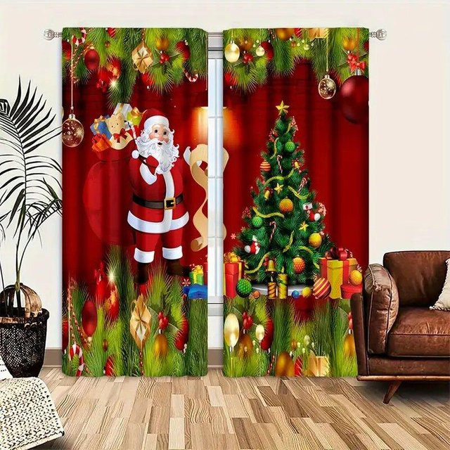 Yiran Furniture Weihnachtsfenstervorhang Set mit Santa und Baumdruck, 2 Stück, Rot, B: 130 cm, H: 210 cm - Bild 1