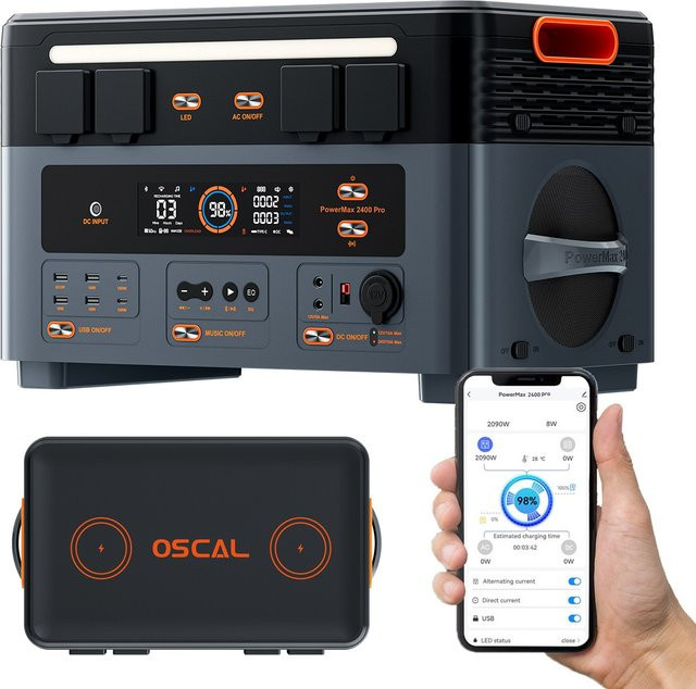 Tragbare Powerstation OSCAL PowerMax 2400Pro mit 2400W Leistung, 2016Wh Kapazität und LiFePO4 Akku für Notstromversorgung und Solarstromerzeugung - Bild 1