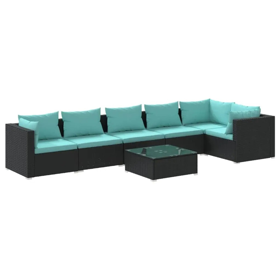 vidaXL 7-tlg. Garten-Lounge-Set in L-Form aus Poly Rattan mit Kissen in Schwarz und Blau - Bild 2