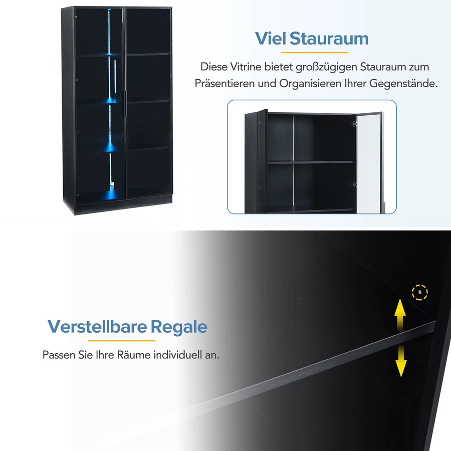Okwish 2-türige Vitrine in Schwarz mit APP-gesteuerter LED-Beleuchtung und Glastüren - Bild 4