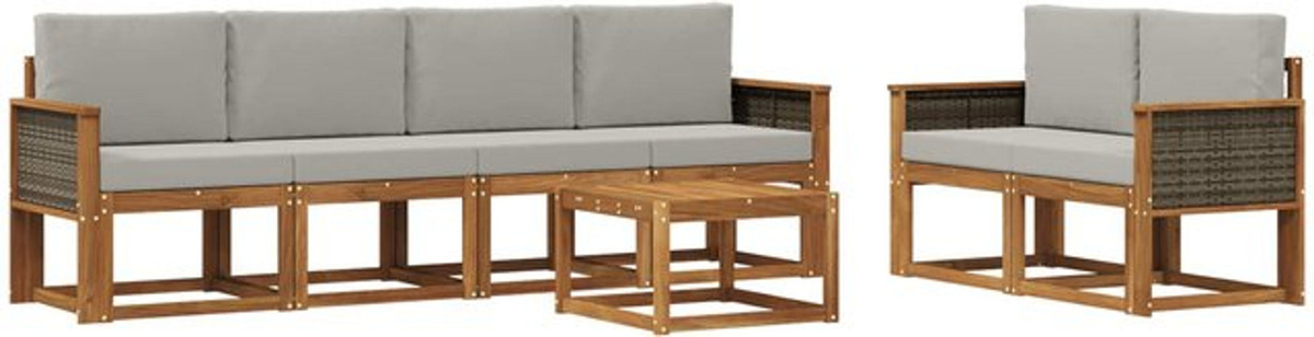 6-teilige Outdoor-Sofagarnitur aus Akazie mit Kissen in Natur und Grau von vidaXL - Bild 1