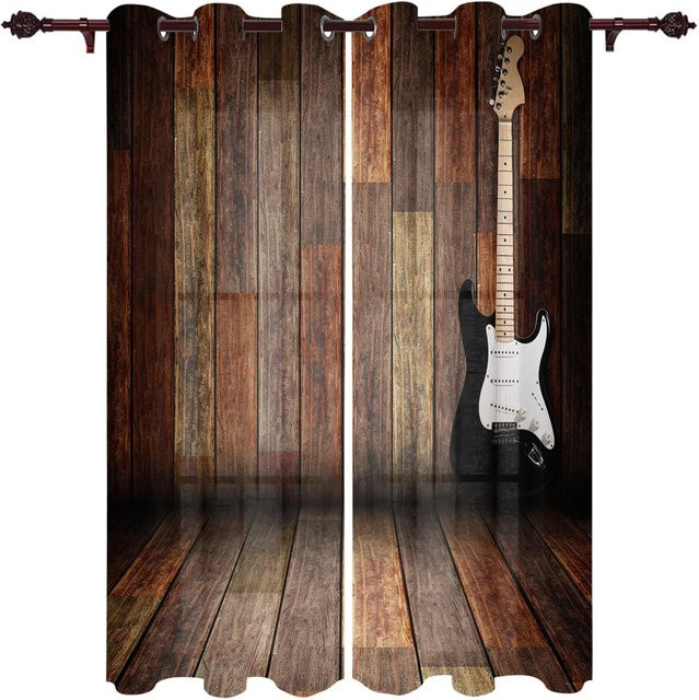 2er-Set Musik Vorhangpaneele mit Gitarren- und Bass-Motiv, braun, Polyester, B/H: 50 x 100 cm - Bild 1