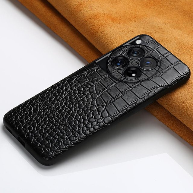 Stoßfeste Rindsleder Handyhülle für OnePlus 13 und OnePlus 12 in Schwarz mit 360 Grad Vollschutz - Bild 1
