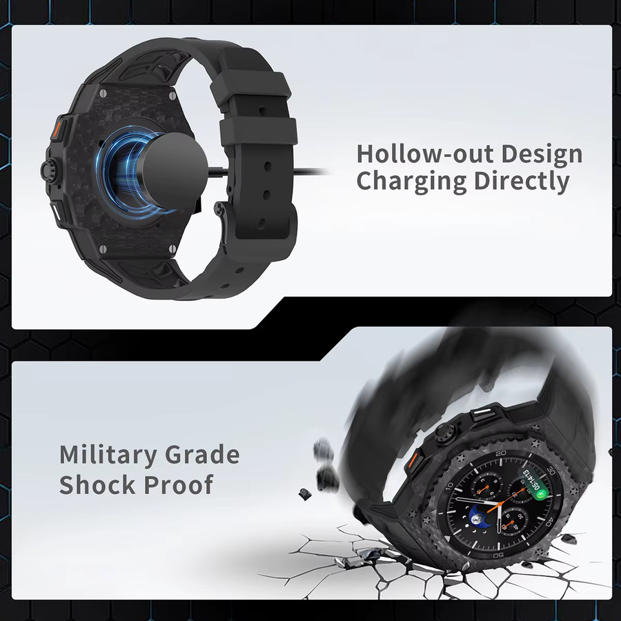 CHIICSMART Modifikationskit für Samsung Galaxy Watch 8, Carbon-Faser-Gehäuse, Fluorkautschuk-Armband, Schwarz, Unisex - Bild 2