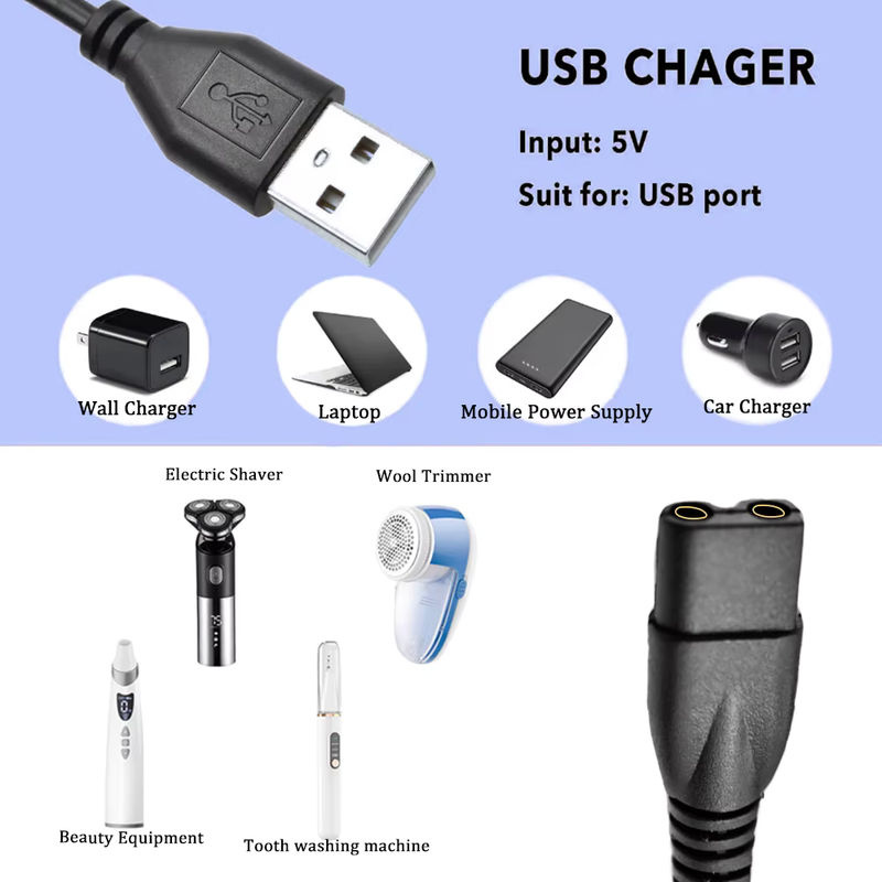 Edekoy USB-2-Pin-Ladekabel in Schwarz für Rasierer, kompatibel mit FS373, FS372, FS339, FS871 und Modellen mit Doppelloch-Steckverbindern - Bild 3
