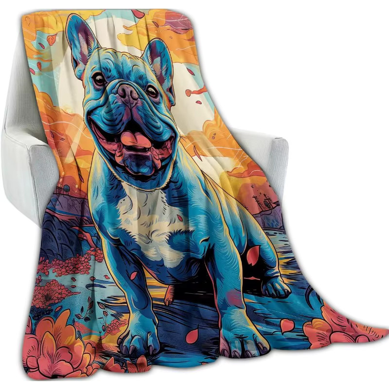 Weiche Flanell-Fleece-Überwurfdecke mit Französischer Bulldogge und Sonnenuntergangsmotiv, Mehrfarbig - Bild 2