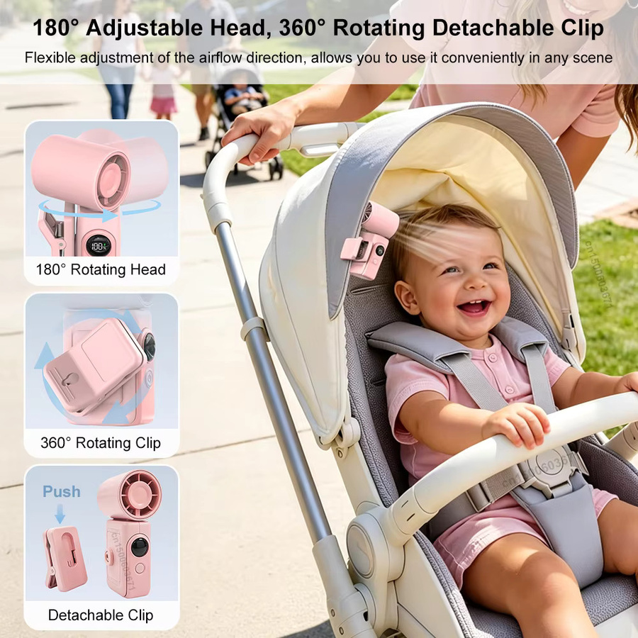 Tragbarer Mini-Clip-Ventilator von raugee in Pink mit Schirmhalterfunktion und USB-Wiederaufladung - Bild 4