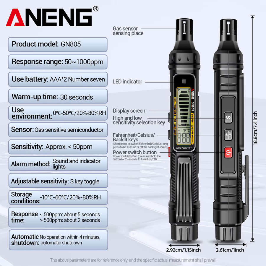 ANENG GN805 Tragbarer Gasdetektor in Schwarz mit Ton- und Lichtalarm und einstellbarer Empfindlichkeit für Auto und Zuhause - Bild 4