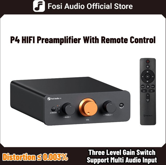 Fosi Audio P4 HiFi-Vorverstärker in Schwarz mit 3 Cinch-Eingängen, EQ/Bypass, austauschbaren Operationsverstärkern sowie Höhen- und Bass-Tonregelung - Bild 1