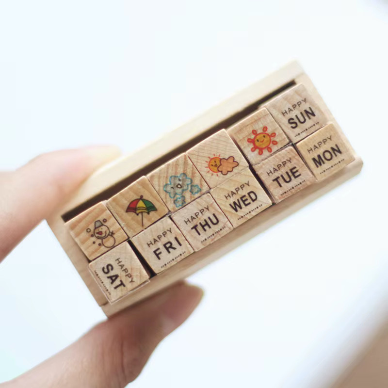 12er Set Retro Cartoon Holzstempel mit bunten Gummistempeln für Scrapbooking und Planer - Bild 2