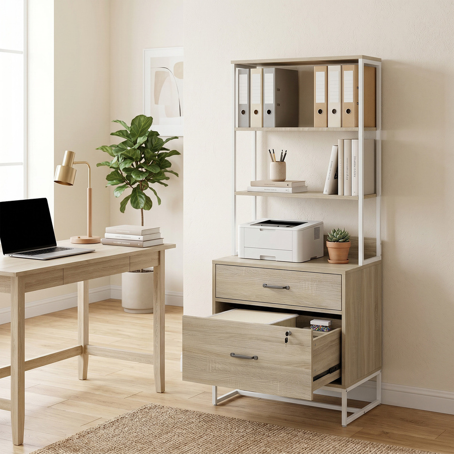 HOMCOM Schubladenschrank mit Regal und Schloss in Eiche, Aktenschrank mit 2 Schubladen und Ablagefläche für Drucker, ideal für Büro und Home Office - Bild 2