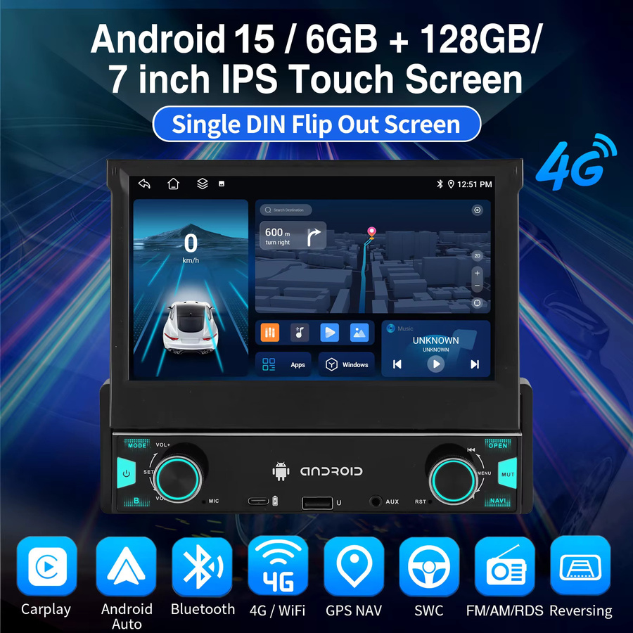 ESSGOO Android 15 Autoradio mit 7 Zoll ausklappbarem Touchscreen, 6+128GB, 1 DIN, Kabelloses CarPlay, GPS, WLAN, Bluetooth, Schwarz - Bild 2