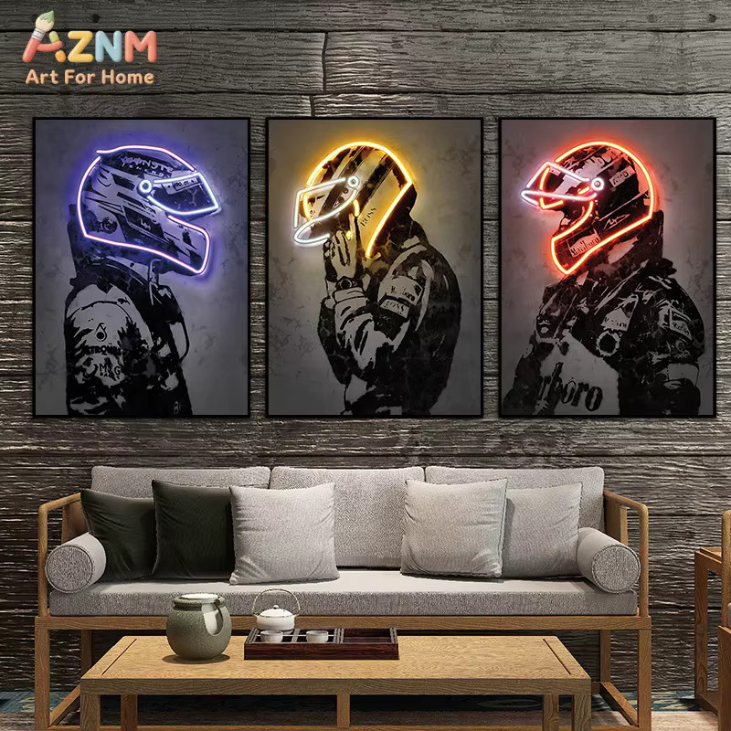 Modernes Neon-Druck Poster Hamilton Rennwagen Helm als Leinwandbild für deine Wanddekoration in Multicolour - Bild 3