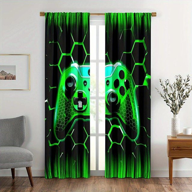 Spielcontroller 3D-Vorhänge mit fluoreszierendem grünem Sechseck-Design, Schwarz-Grün, B: 76 cm, H: 165 cm, 2er-Set - Bild 1