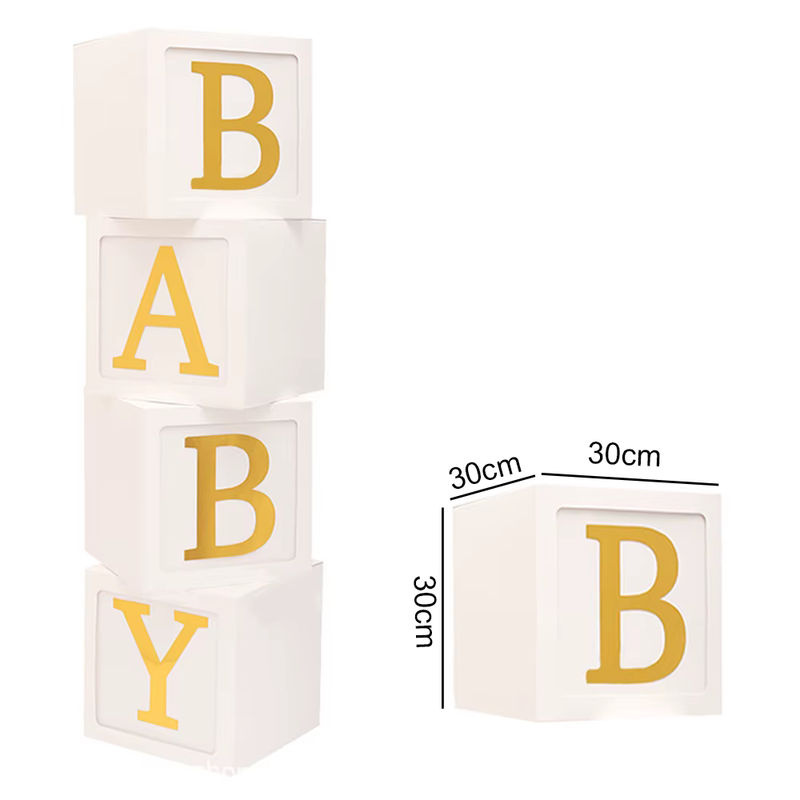 4er Set Baby-Blockboxen mit Buchstaben-Luftballons in Weiß für Babyparty und Gender Reveal Dekoration - Bild 5