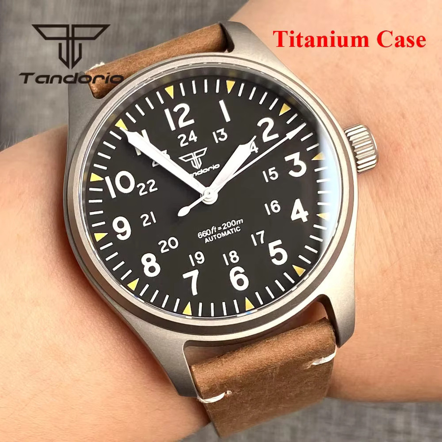 Tandorio Herren-Fliegeruhr, Titan, Automatik, 39 mm, Leder, Schwarz - Bild 2
