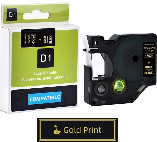 Kompatible Dymo D1 Beschriftungsbänder in Gold und Schwarz für Labelmanager LM160, 210D sowie LM280 PNP, erhältlich in den Breiten 6mm, 9mm, 12mm, 19mm und 24mm - Bild 1