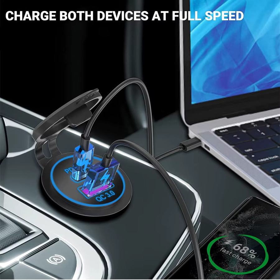 Kebidumei USB Autoladegerät mit PD & QC 3.0 Schnellladung, 60W, Schwarz, Wasserdicht für Auto, Motorrad, LKW und Boot - Bild 2