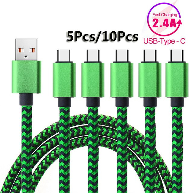 USB Typ C Kabel für Samsung Android Handys, Nylon geflochtenes Schnellladekabel mit Daten-Sync, 2,4 A, Weiß und Grün - Bild 1