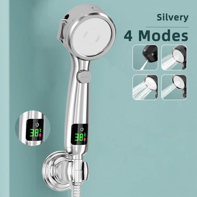 SEEQS Hochdruck-Handbrause mit LED-Digital-Temperaturanzeige und wassersparender Funktion in Silber und Chrom - Bild 1